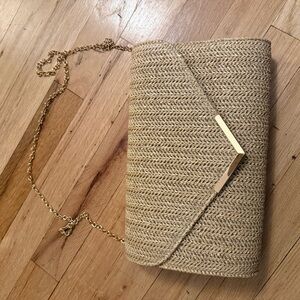 Woven Tan Clutch with Gold Chain